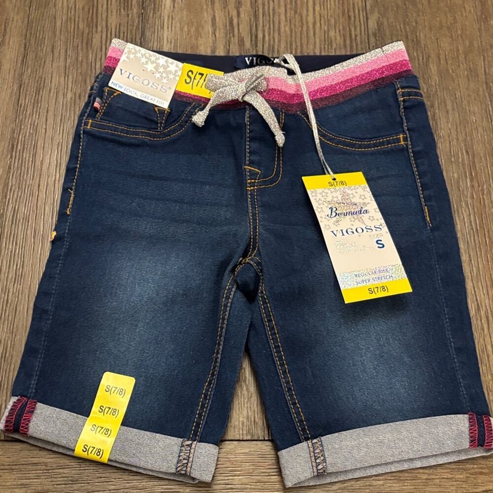 Vigoss Girls Cotton Blend Blue Denim Shorts Pink Silver Accents Size 7 / 8 Small